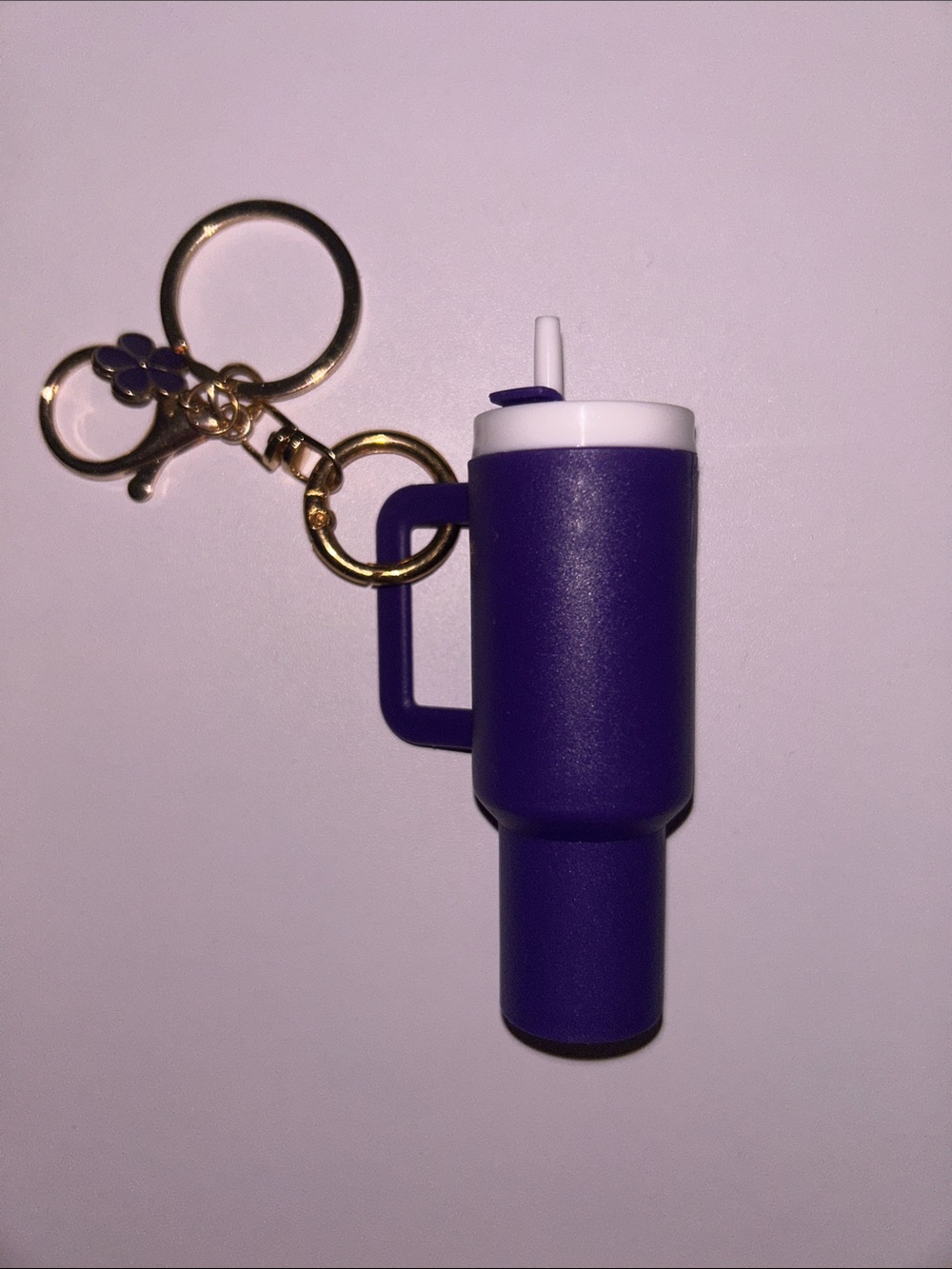 Mini Stanley like keychain/bagcharm purple, white lid, purple flower charm NWOT